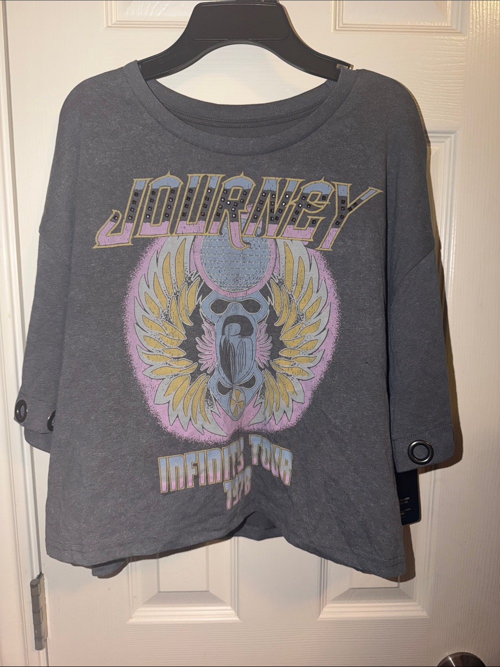Journey Graphic Crop Top - Gray with Pastel Print